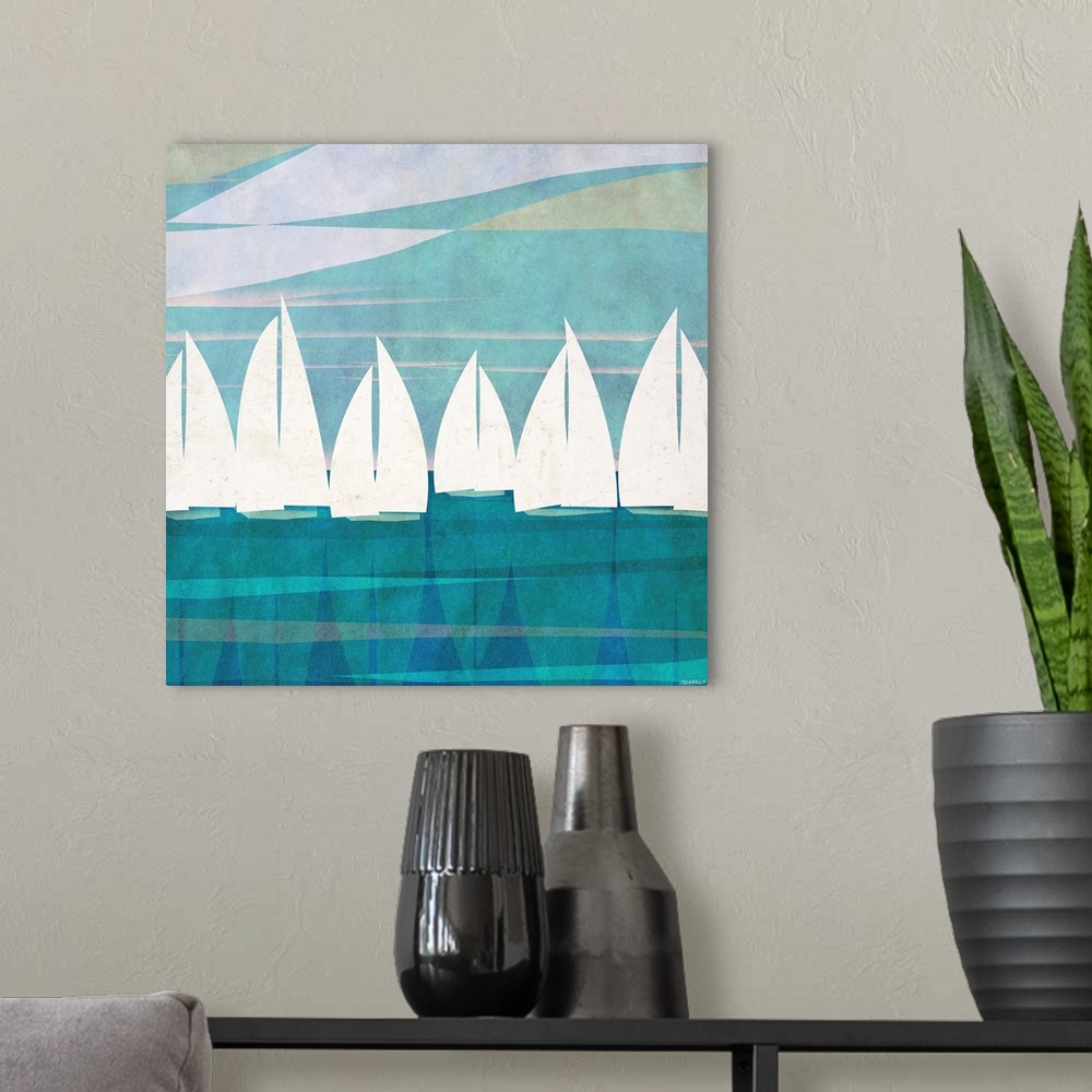 A modern room featuring Digital art piece of silhouetted sail boats with the sails up as they glide across the water.