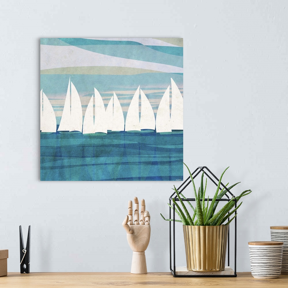 A bohemian room featuring Abstract painting on a square canvas of sailboats floating on the water.