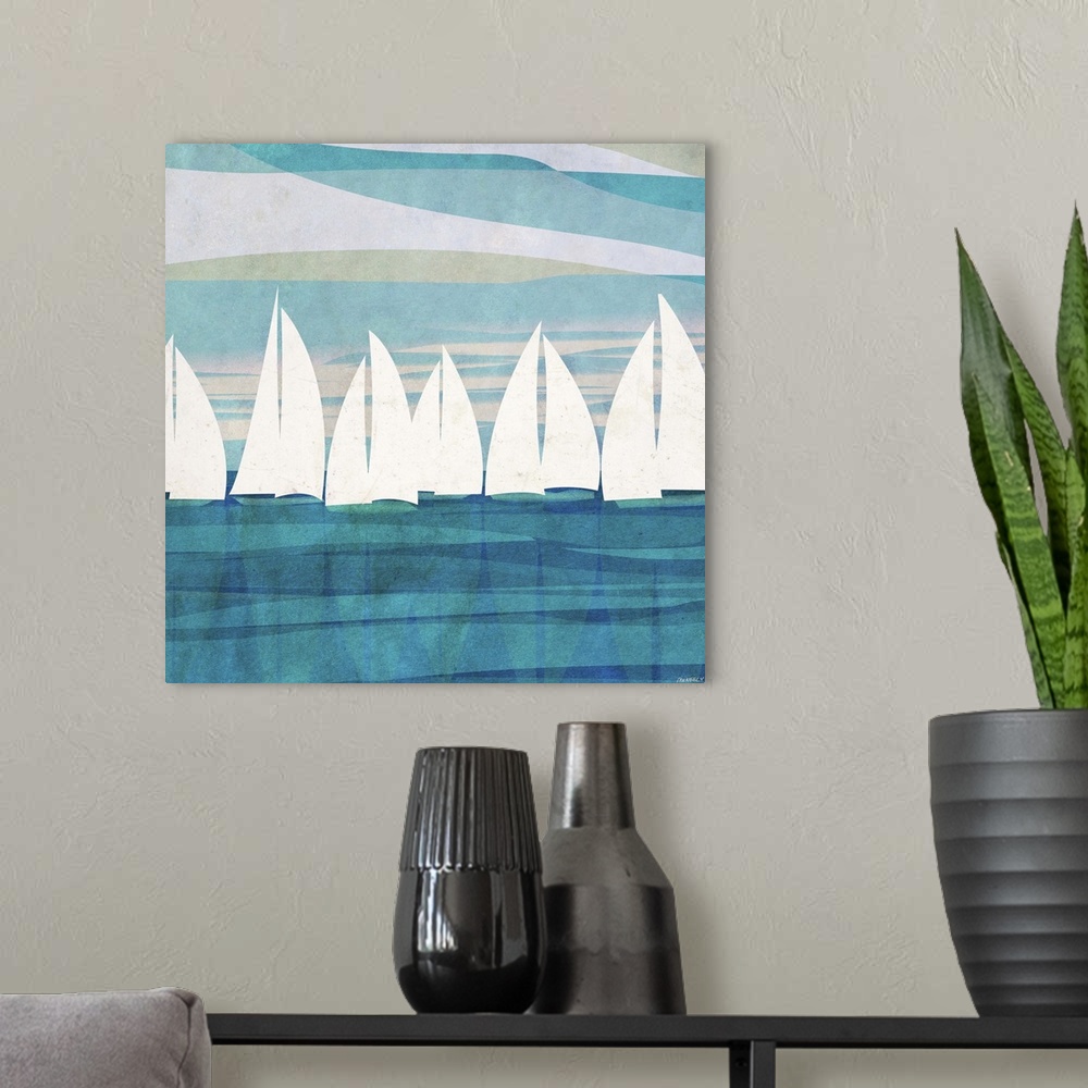 A modern room featuring Abstract painting on a square canvas of sailboats floating on the water.