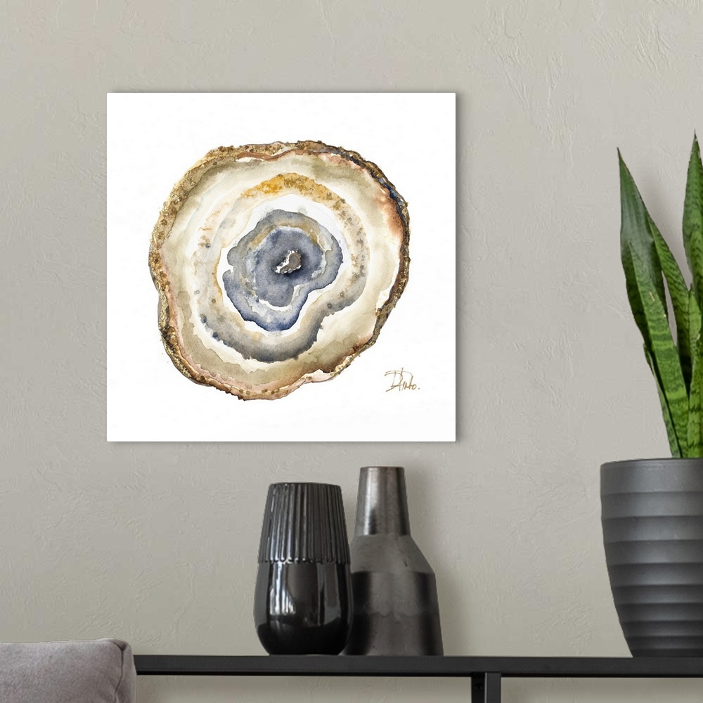A modern room featuring This contemporary artwork offers the intricacies of sliced agate completed in watercolors with go...