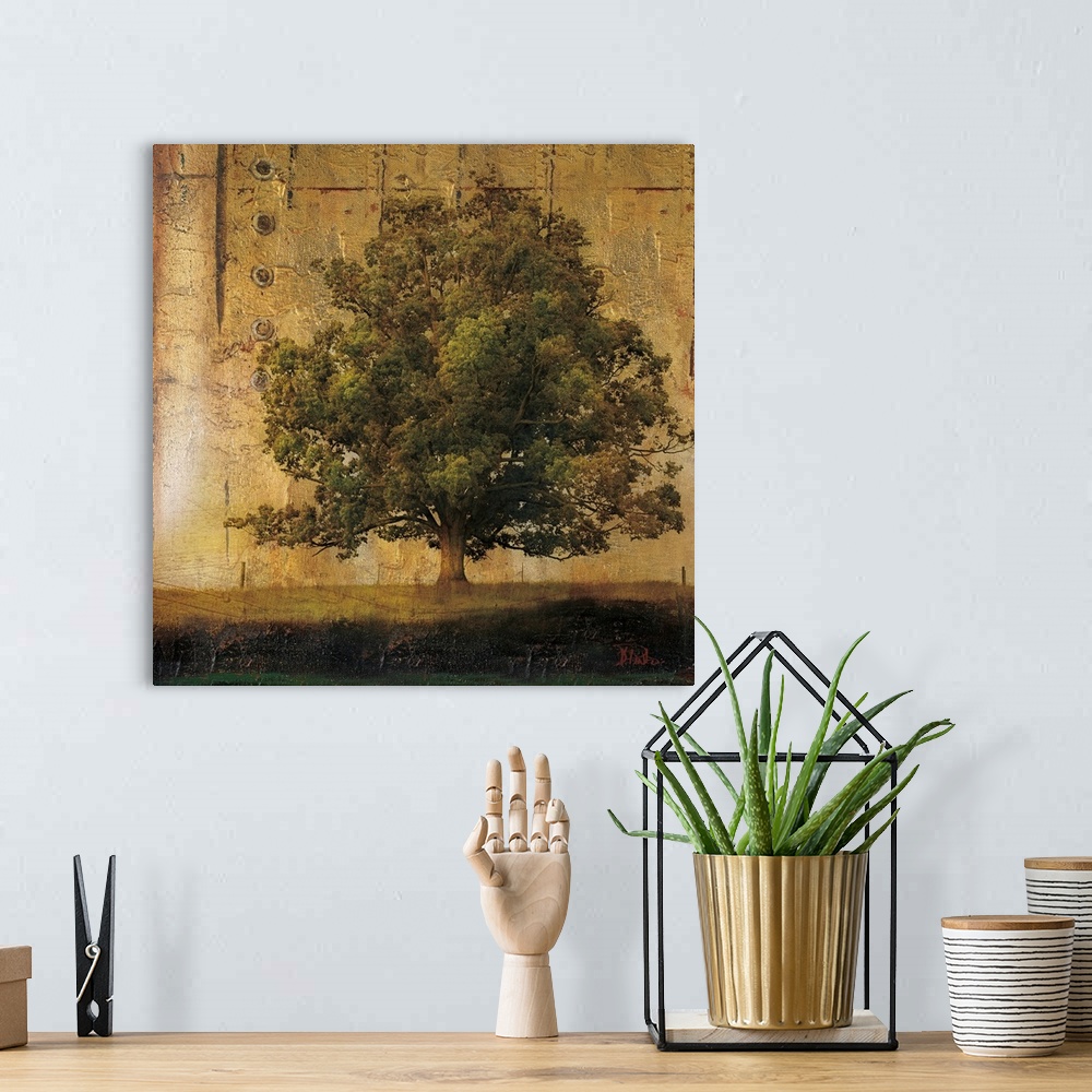 A bohemian room featuring This square shaped decorative accent is a composite of a nature photograph and industrial texture...