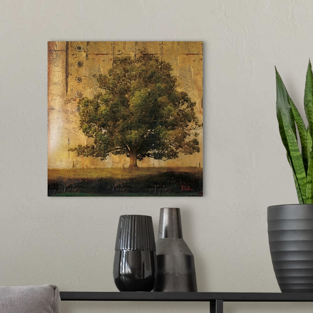 A modern room featuring This square shaped decorative accent is a composite of a nature photograph and industrial texture...