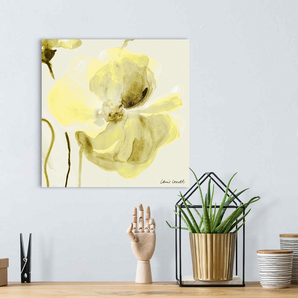 A bohemian room featuring Square abstract painting of a bright yellow poppy.