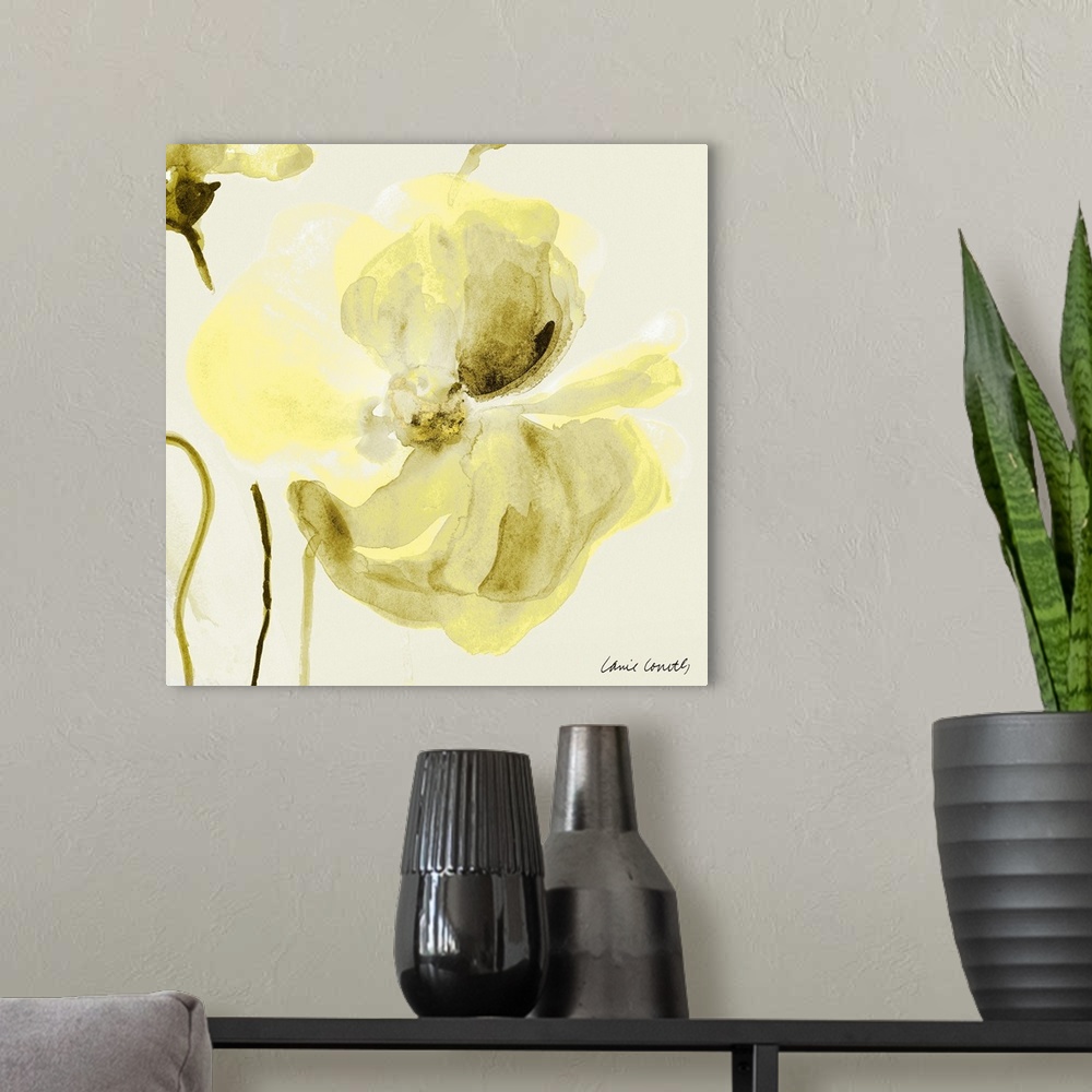 A modern room featuring Square abstract painting of a bright yellow poppy.