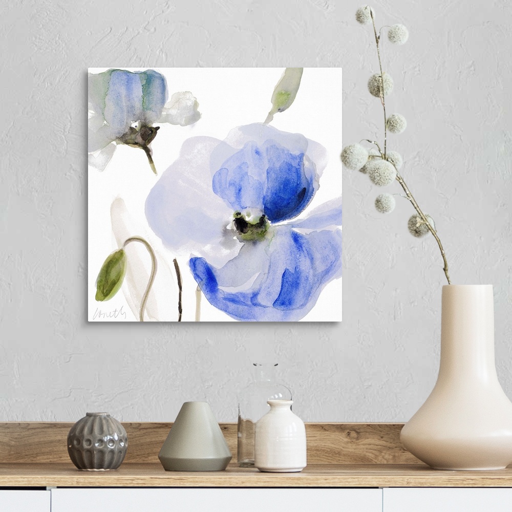 A farmhouse room featuring Watercolor painting of blue poppies against a white background.