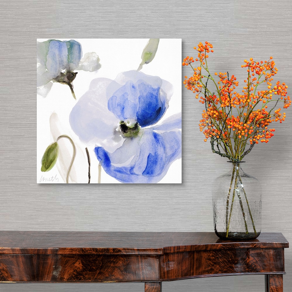 A traditional room featuring Watercolor painting of blue poppies against a white background.