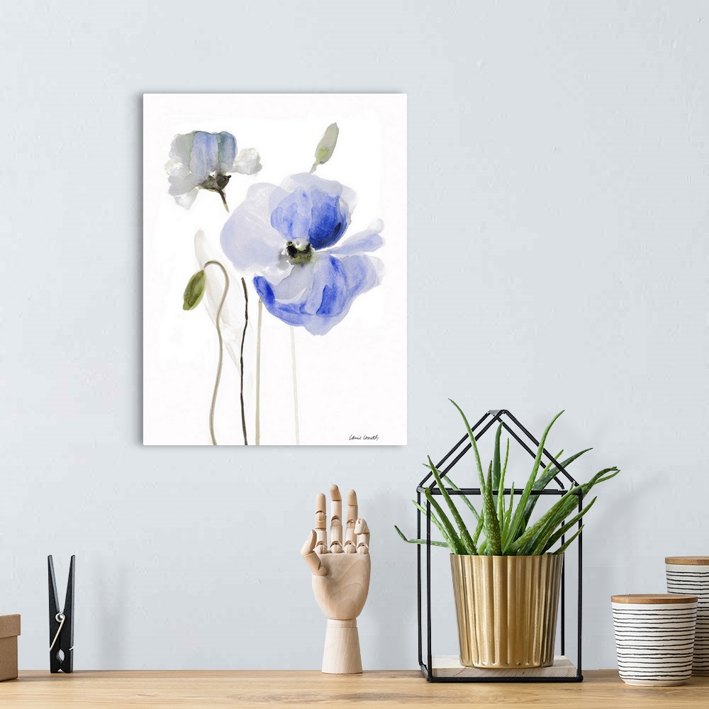 A bohemian room featuring Watercolor painting of blue poppies against a white background.