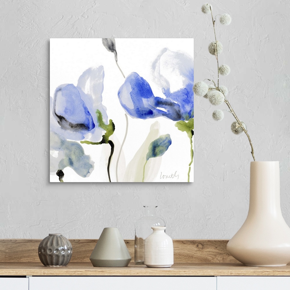 A farmhouse room featuring Watercolor painting of blue poppies against a white background.