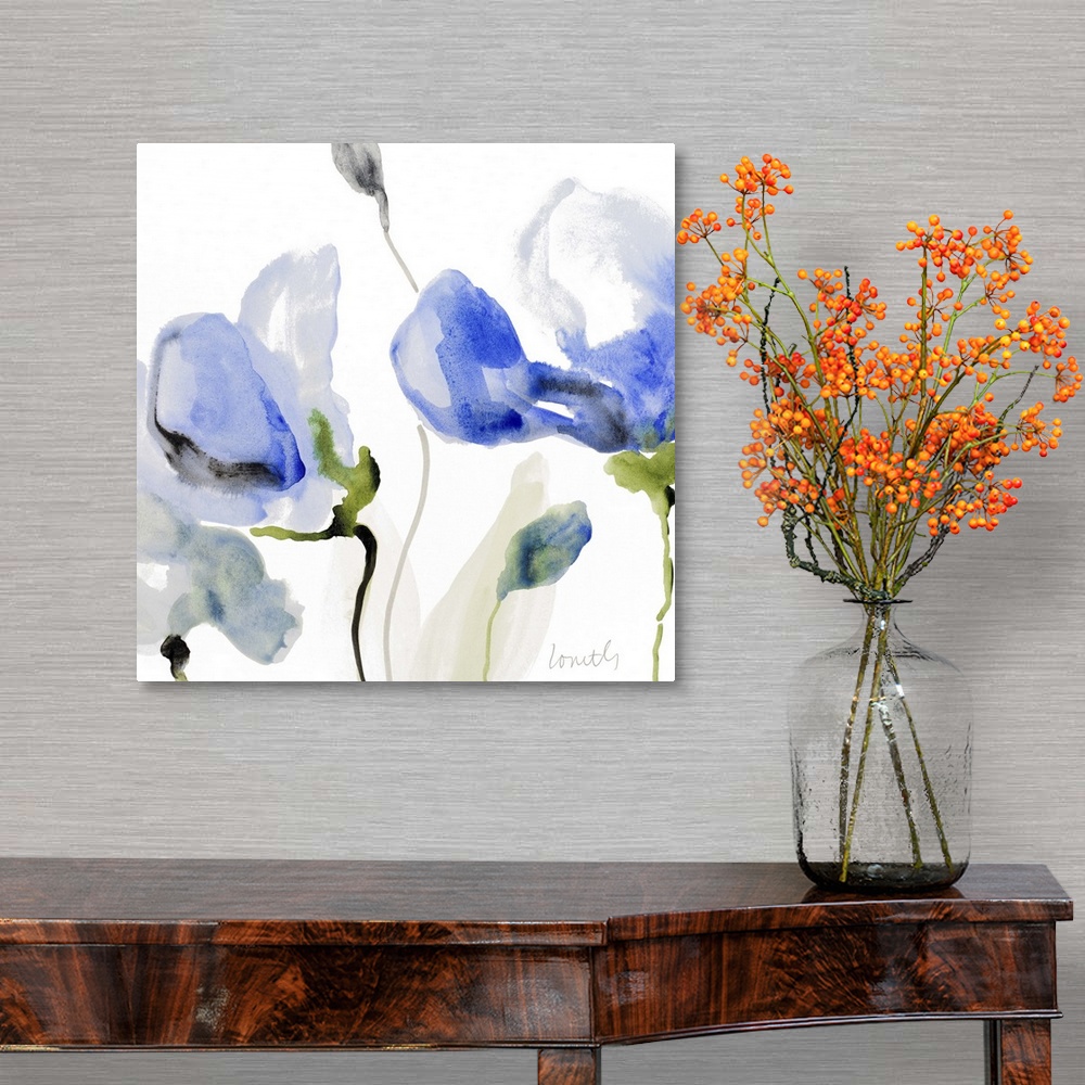A traditional room featuring Watercolor painting of blue poppies against a white background.