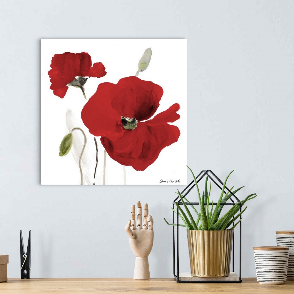 A bohemian room featuring Square watercolor painting of two red poppy flowers.