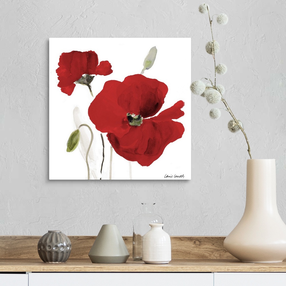 A farmhouse room featuring Square watercolor painting of two red poppy flowers.