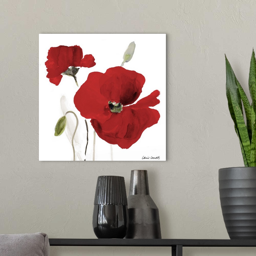 A modern room featuring Square watercolor painting of two red poppy flowers.
