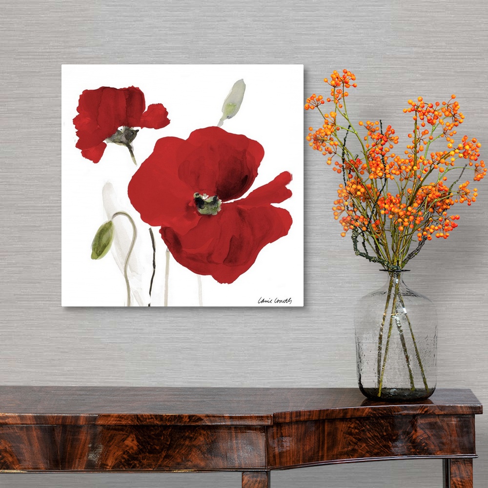 A traditional room featuring Square watercolor painting of two red poppy flowers.