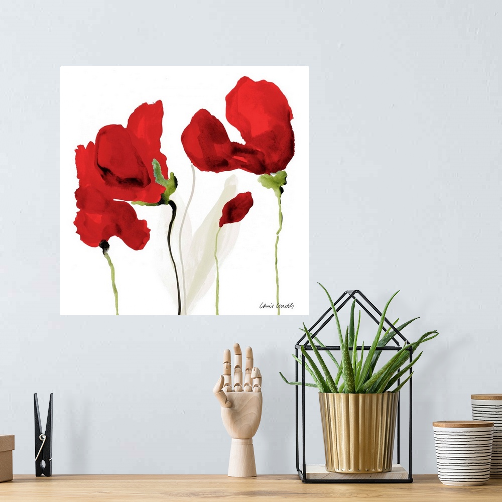 A bohemian room featuring Square watercolor painting of red poppy flowers on a white background.