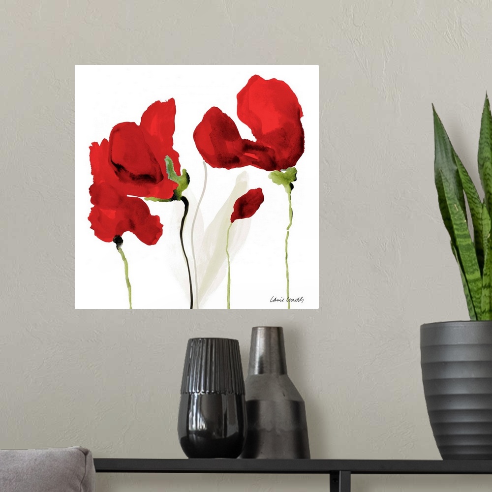 A modern room featuring Square watercolor painting of red poppy flowers on a white background.
