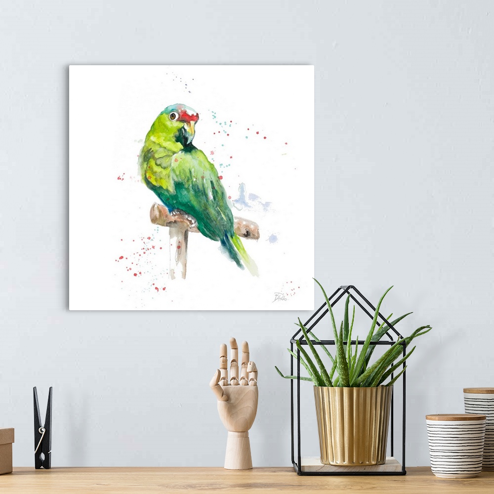 A bohemian room featuring Contemporary artwork featuring a tropical watercolor parrot with paint splatters over a white bac...