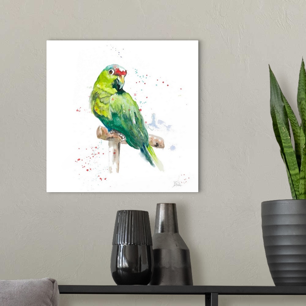 A modern room featuring Contemporary artwork featuring a tropical watercolor parrot with paint splatters over a white bac...