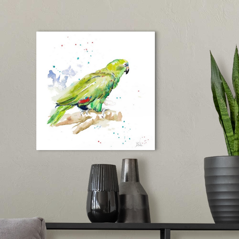A modern room featuring Contemporary artwork featuring a tropical watercolor parrot with paint splatters over a white bac...