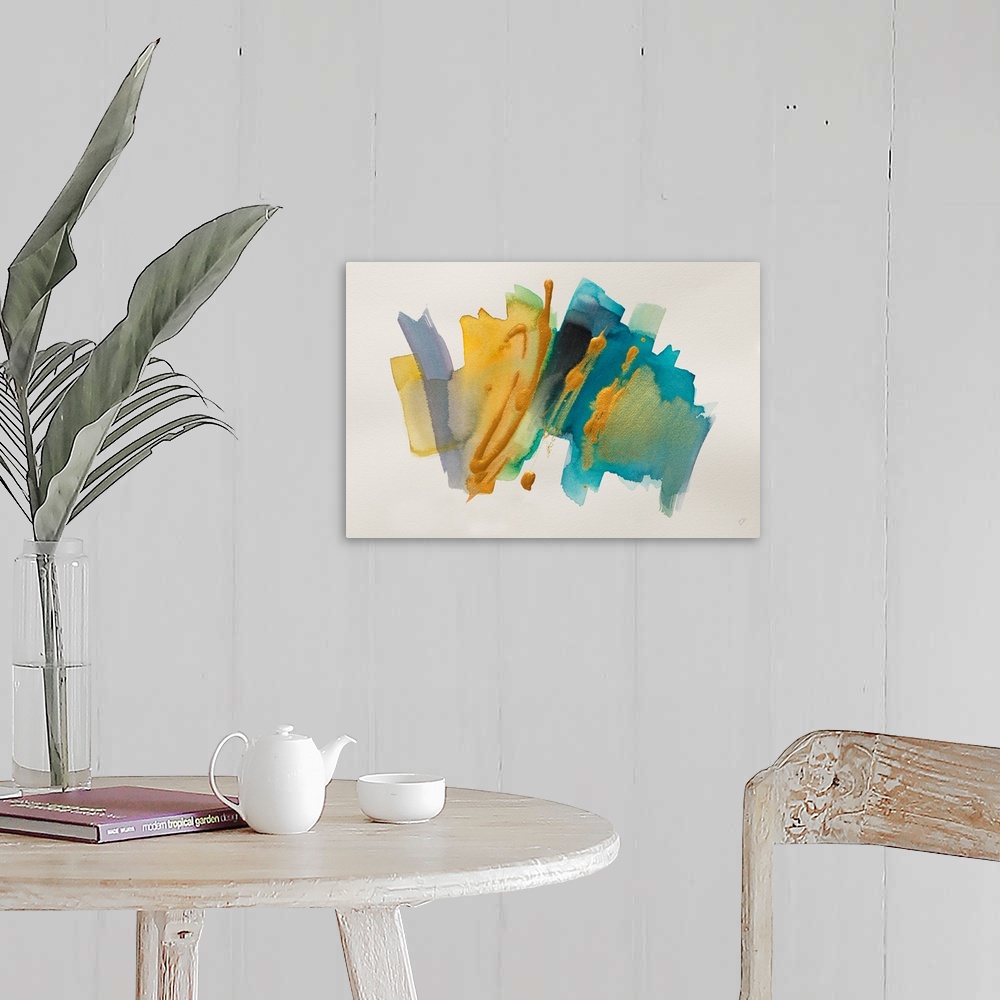 A farmhouse room featuring Gold and blue brush strokes decorate a horizontal abstract artwork.