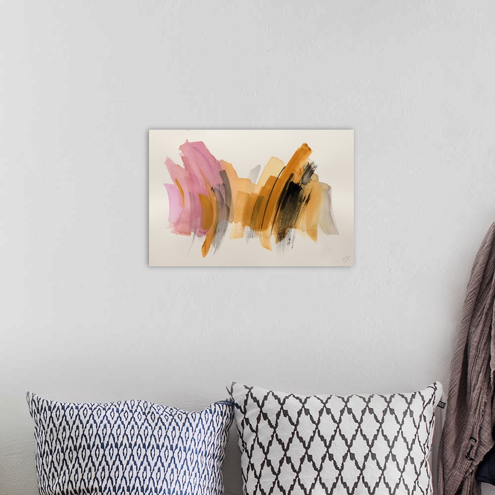 A bohemian room featuring Orange and pink brush strokes decorate a horizontal abstract artwork.