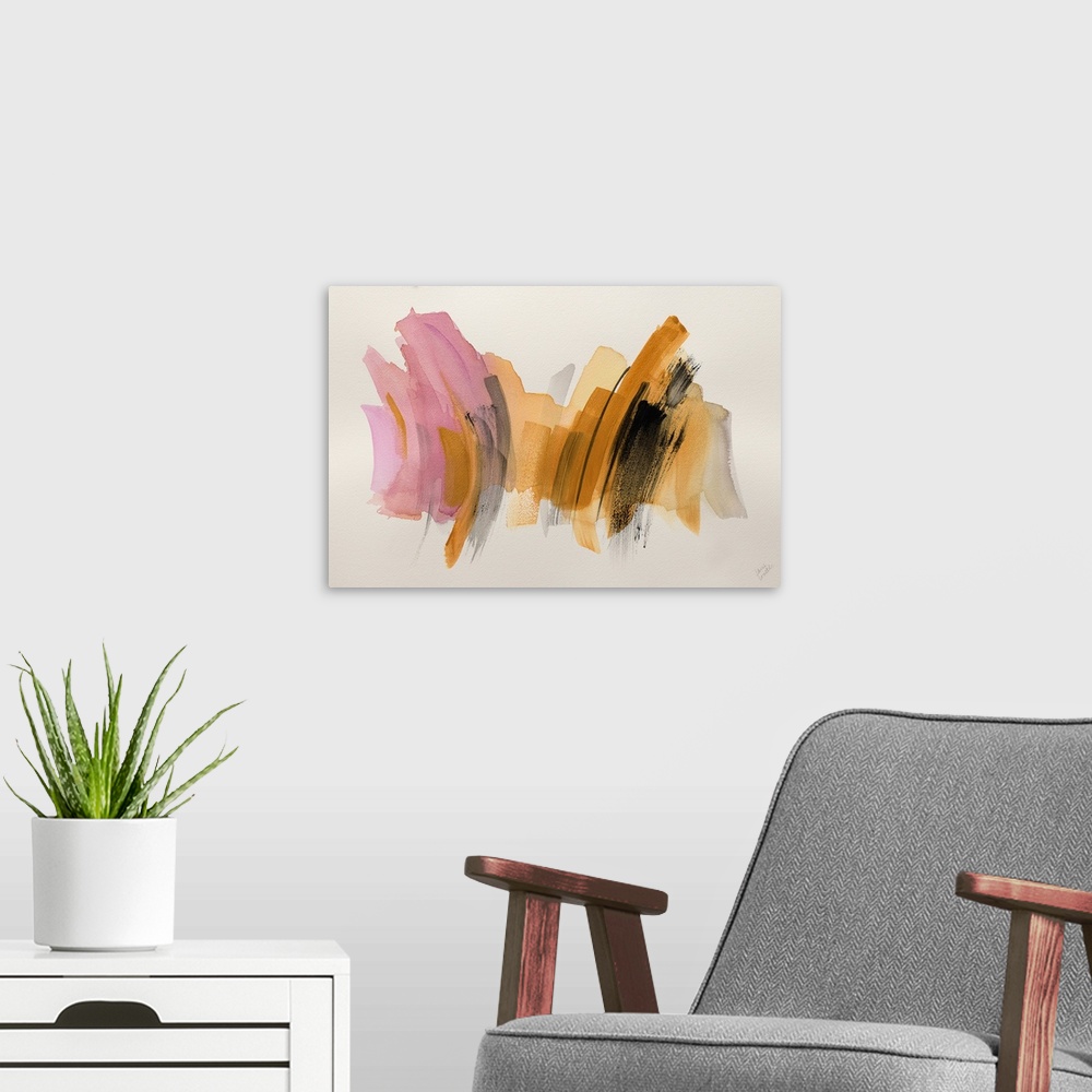 A modern room featuring Orange and pink brush strokes decorate a horizontal abstract artwork.