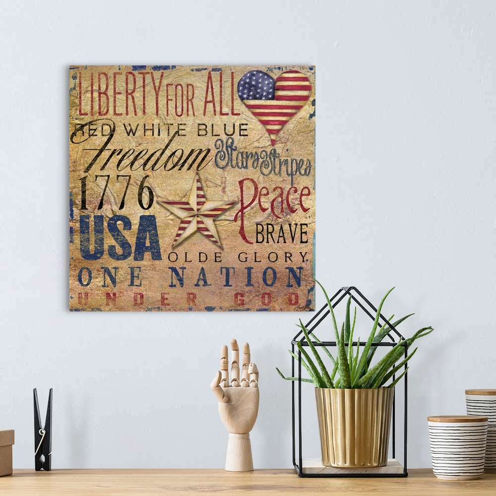 A bohemian room featuring Patriotic typography artwork with United States-themed words and phrases.