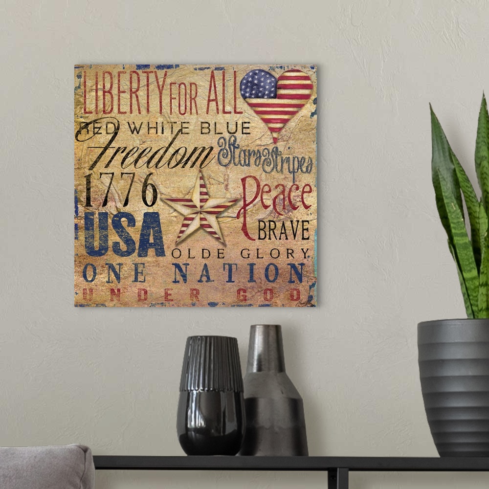 A modern room featuring Patriotic typography artwork with United States-themed words and phrases.