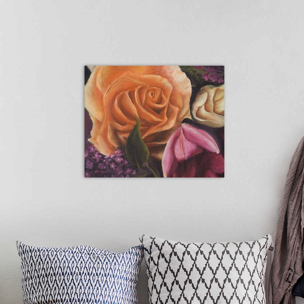 A bohemian room featuring A close-up contemporary floral still life painting of an orange, pink, and yellow rose.