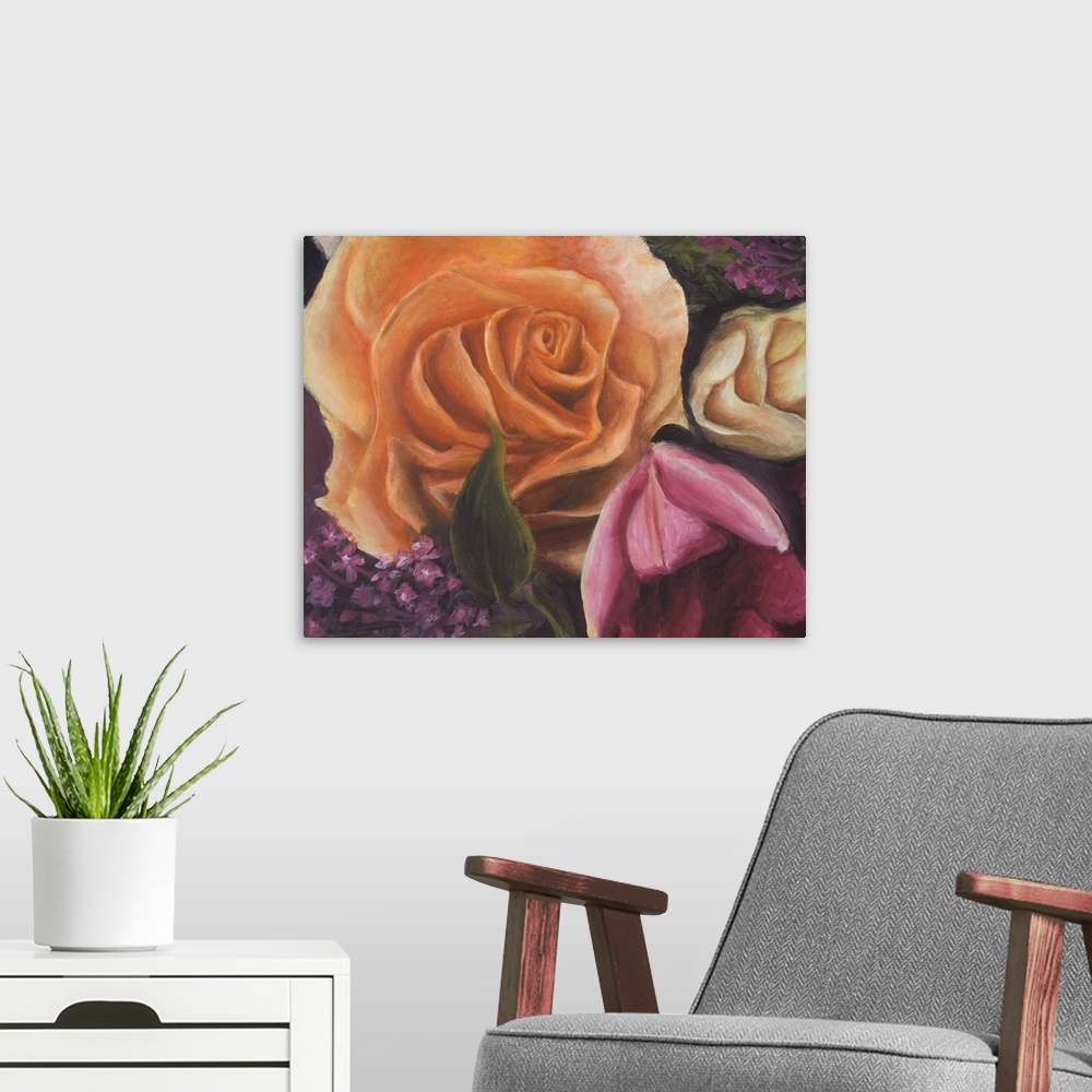 A modern room featuring A close-up contemporary floral still life painting of an orange, pink, and yellow rose.