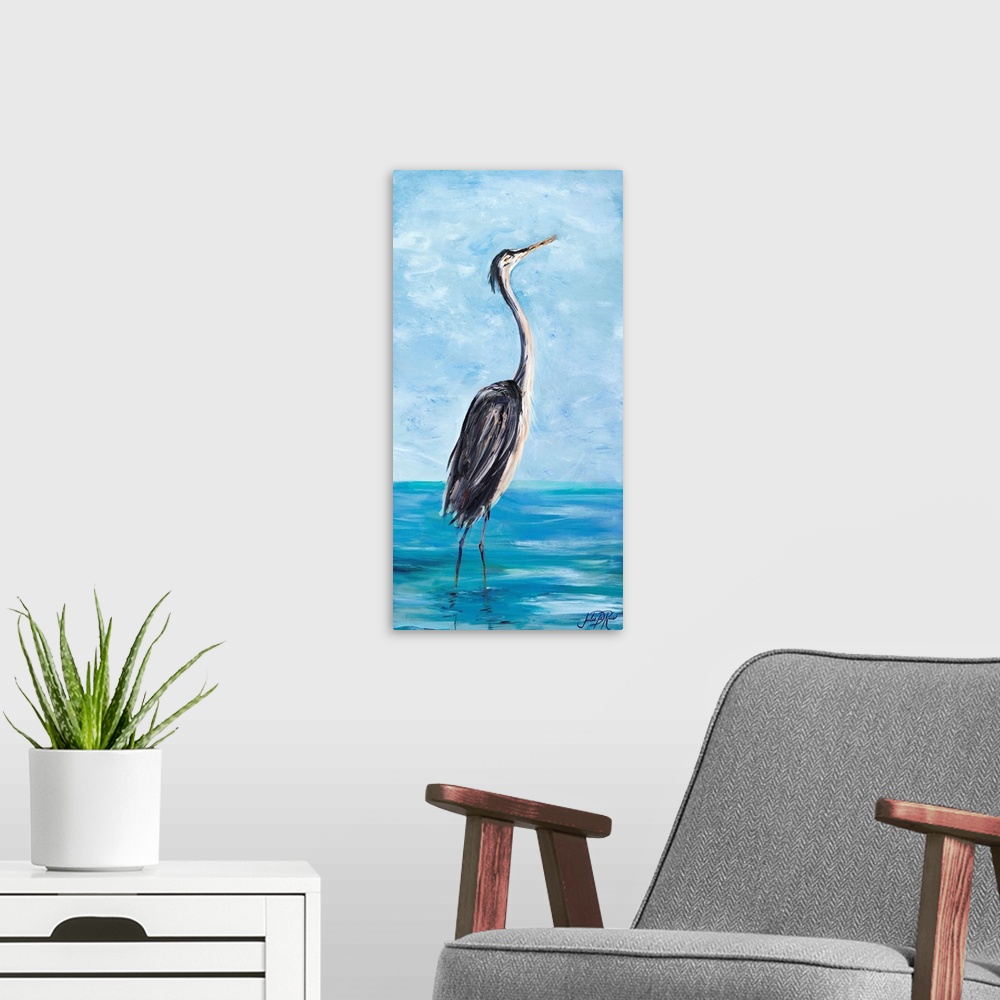 A modern room featuring Contemporary painting of a heron wading through sea water.