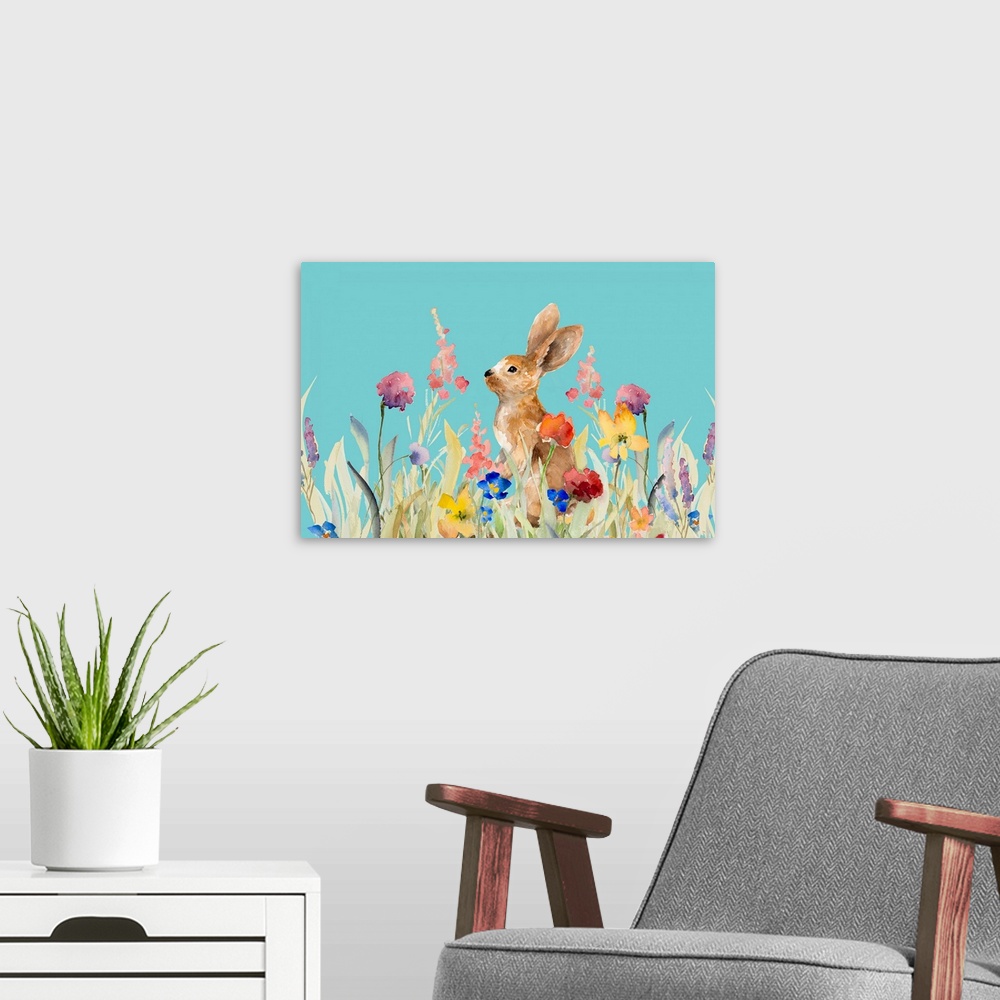 A modern room featuring Amongst the Flowers on Teal I