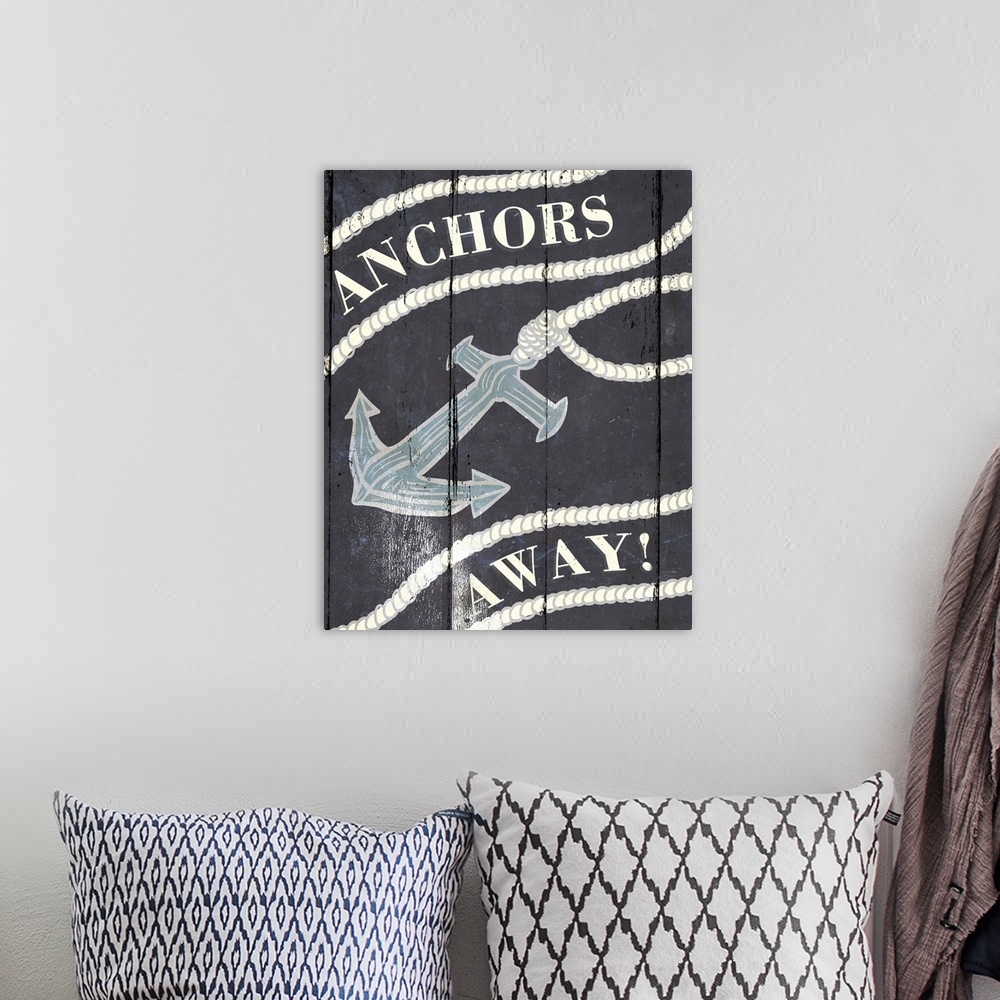 A bohemian room featuring Illustration of an anchor tied to a rope with the words "Anchors Away!"