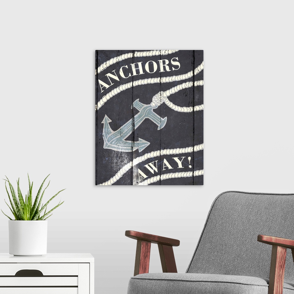 A modern room featuring Illustration of an anchor tied to a rope with the words "Anchors Away!"