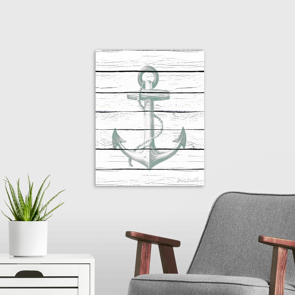 A modern room featuring A painting of an anchor with sea-foam green hues on a white wood paneled background.