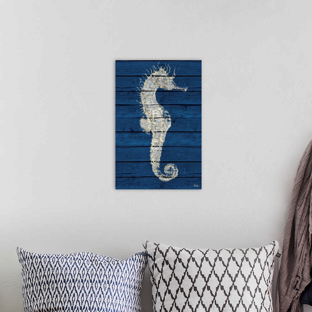 A bohemian room featuring Antique Seahorse on Blue I