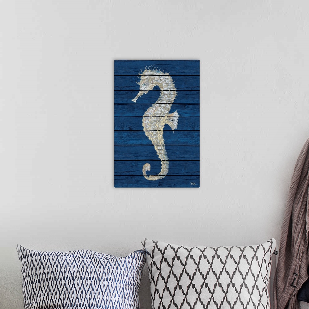 A bohemian room featuring Antique Seahorse on Blue II