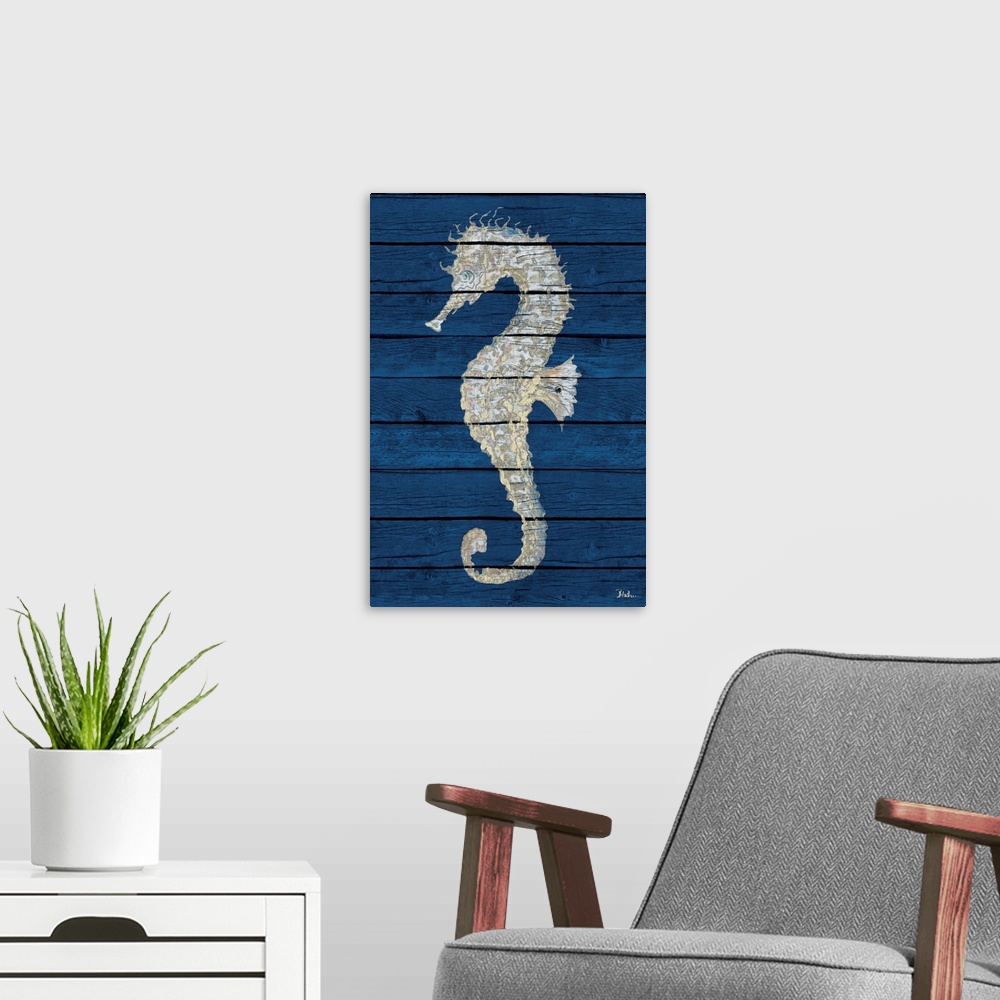 A modern room featuring Antique Seahorse on Blue II