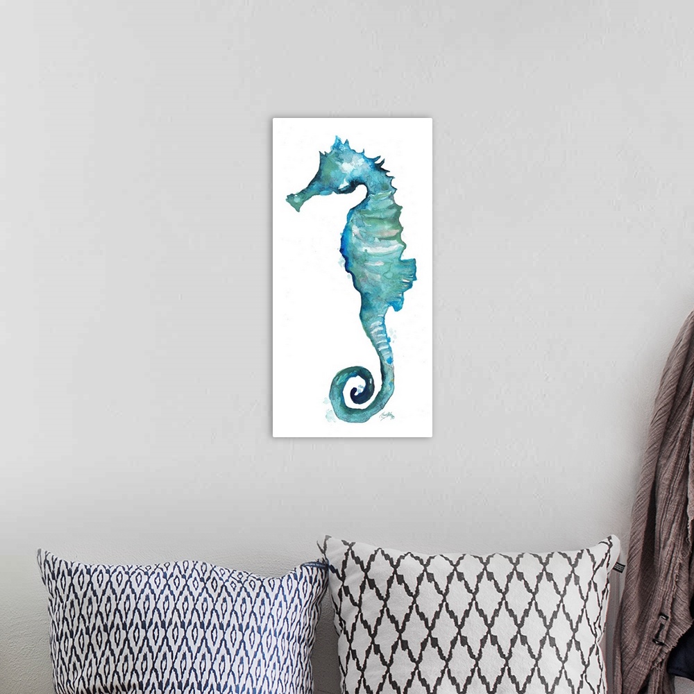 A bohemian room featuring A watercolor painting of an aqua colored seahorse.