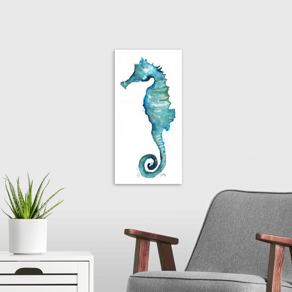 A modern room featuring A watercolor painting of an aqua colored seahorse.