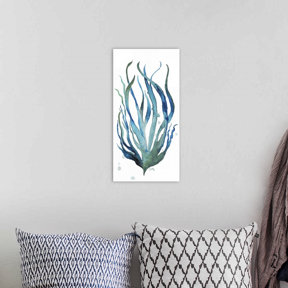 A bohemian room featuring A watercolor painting of aqua colored seaweed.