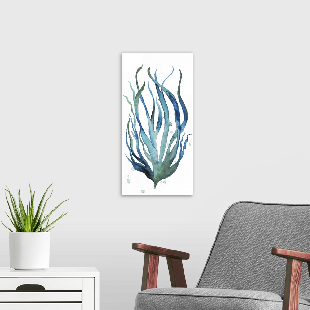 A modern room featuring A watercolor painting of aqua colored seaweed.
