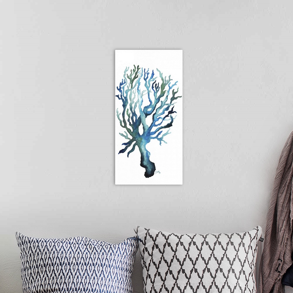 A bohemian room featuring A watercolor painting of aqua colored coral.