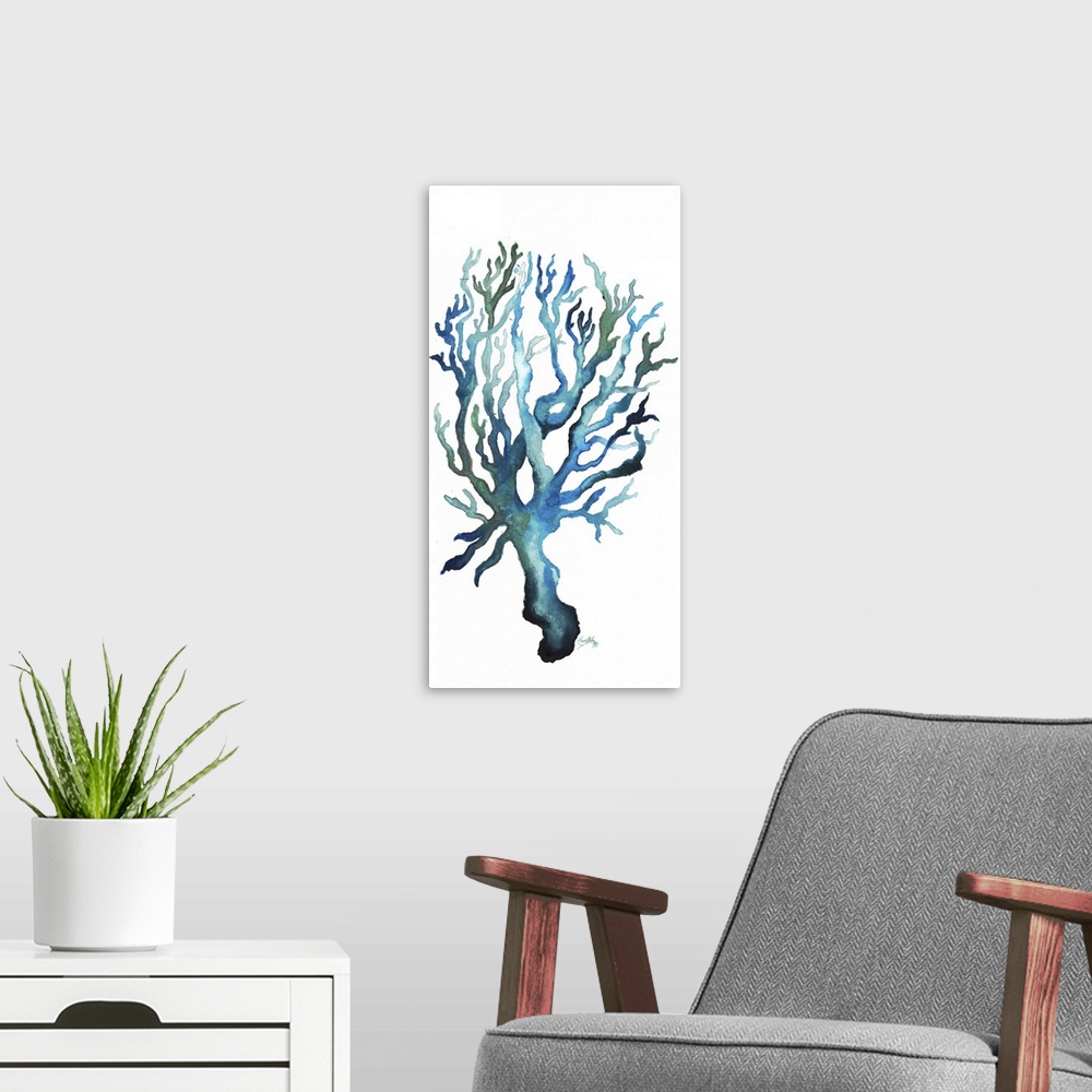 A modern room featuring A watercolor painting of aqua colored coral.
