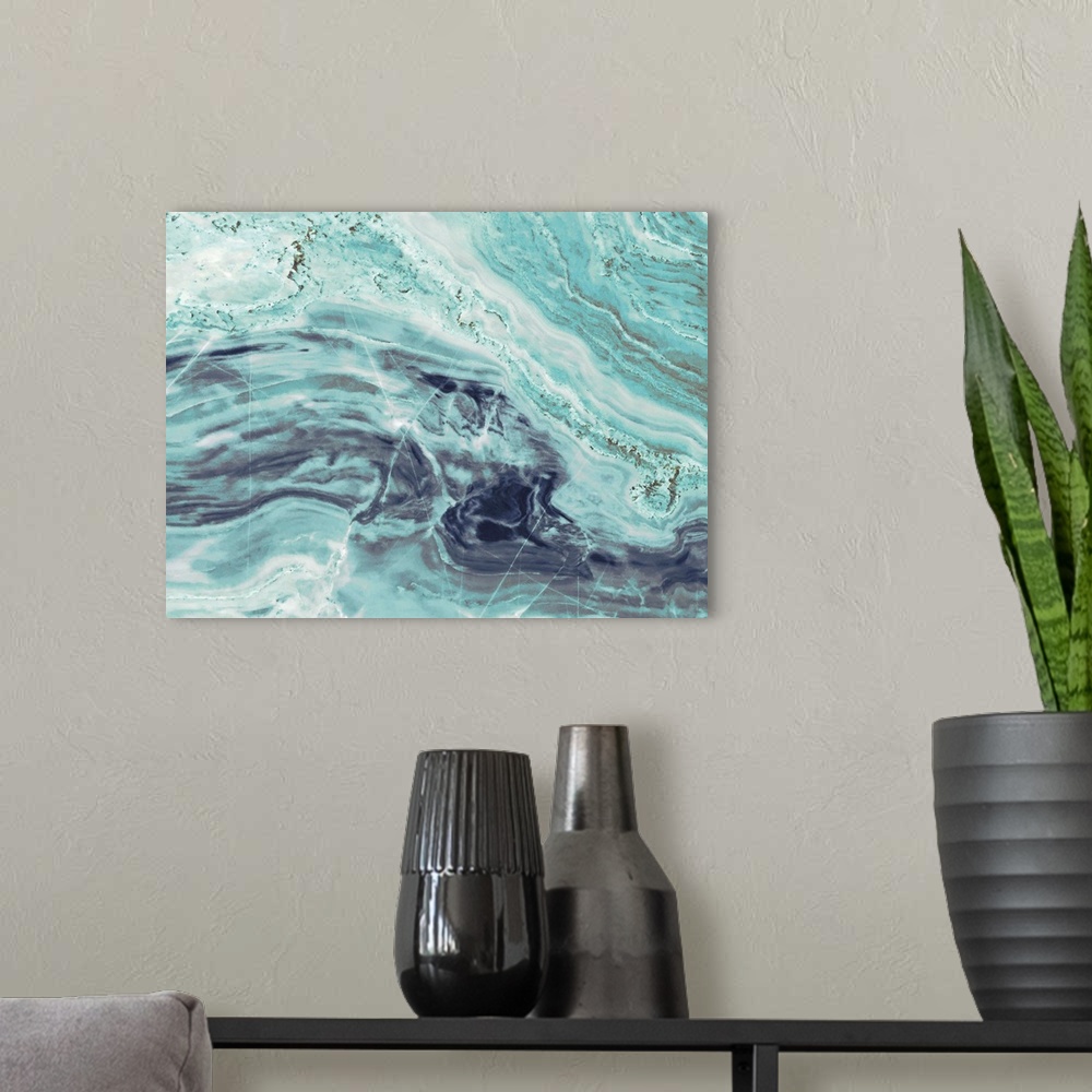 A modern room featuring The waves in this aqua mineral abstract is offset by faint scratch lines and mottled textures.