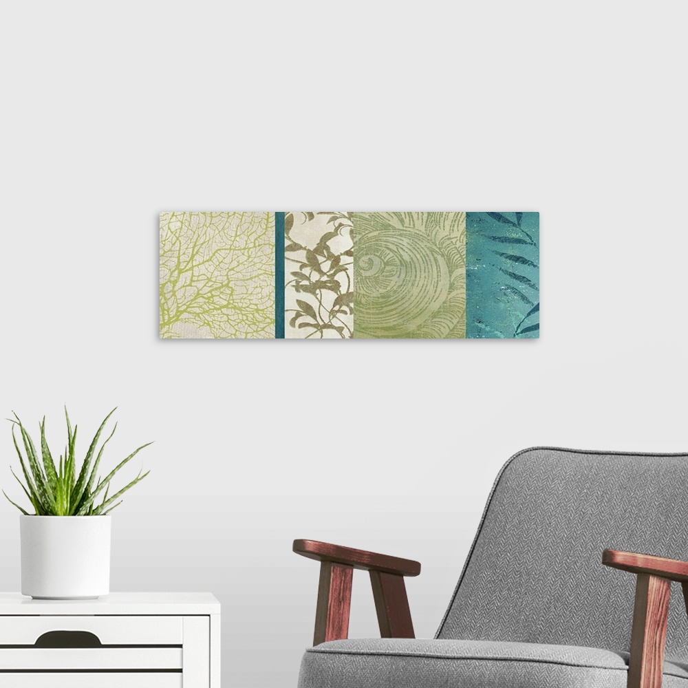 A modern room featuring A wide, panoramic shaped decorative accent this wall art is an organized collage of nautical and ...