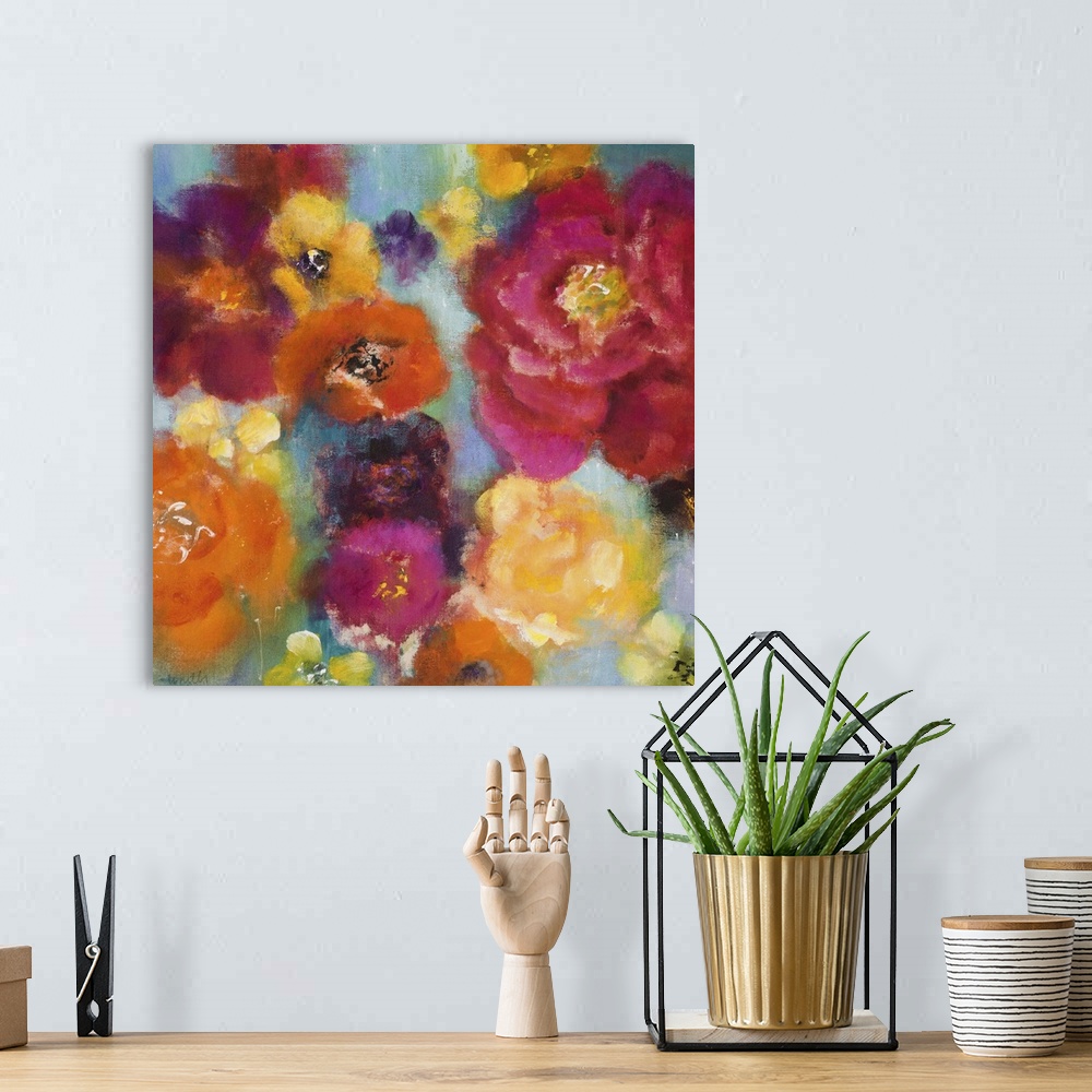 A bohemian room featuring Contemporary painting colorful flowers that have a slightly fuzzy look to them.