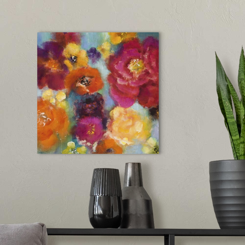 A modern room featuring Contemporary painting colorful flowers that have a slightly fuzzy look to them.