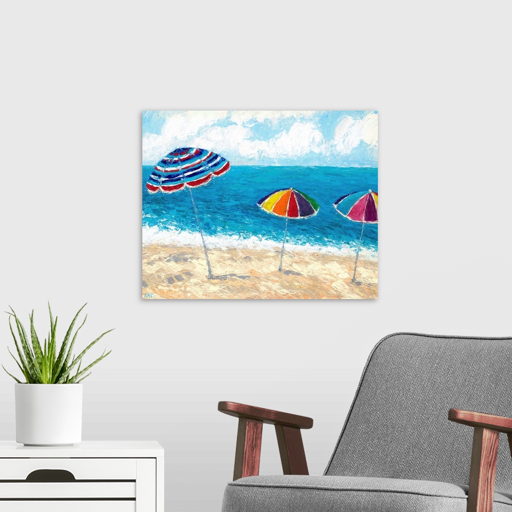 A modern room featuring Painting of three beach umbrellas in the sand, overlooking the ocean.
