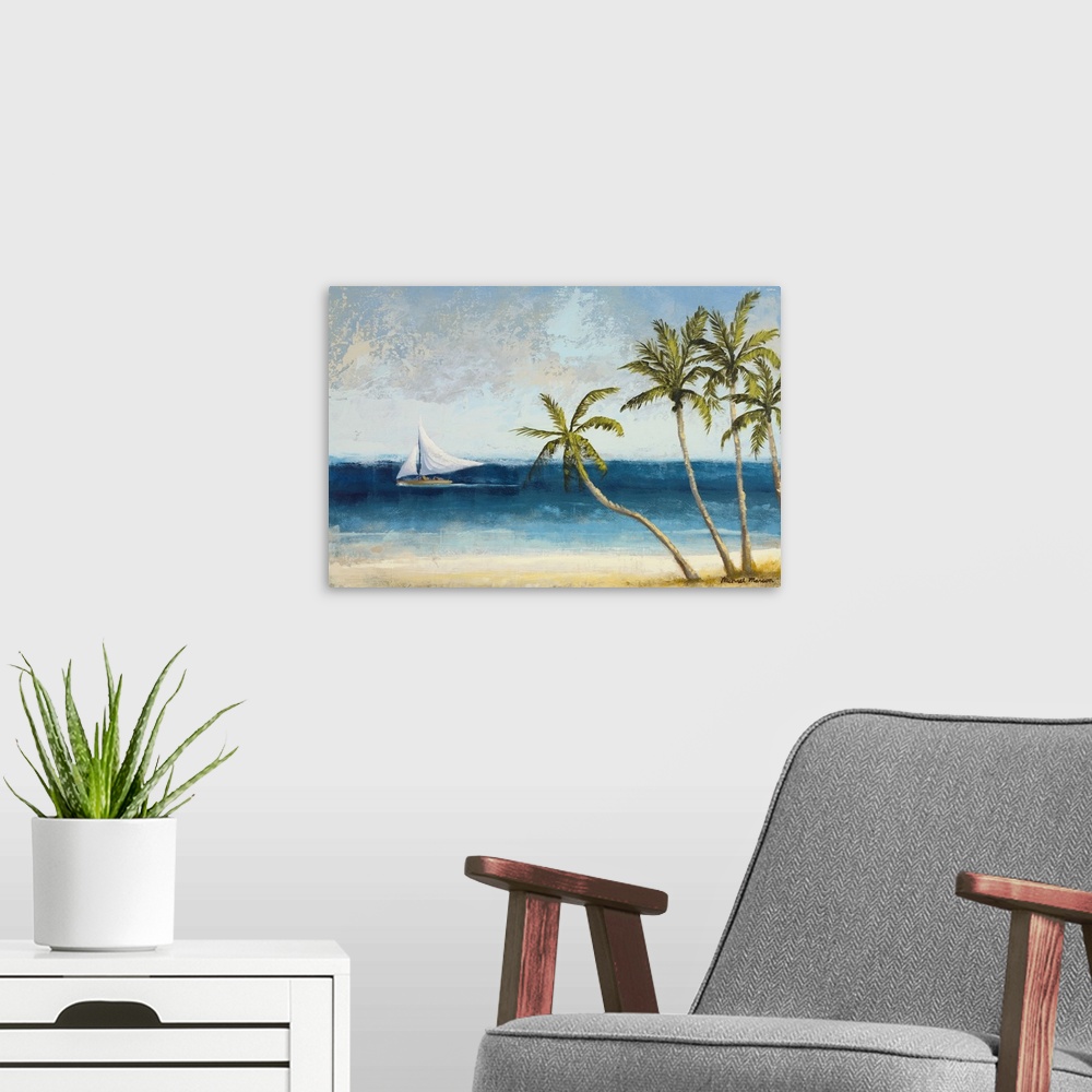 A modern room featuring Painting on canvas of palm trees on a beach with a sailboat sailing in the ocean.