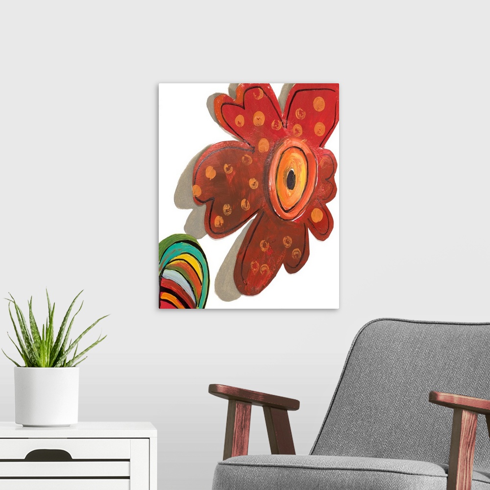 A modern room featuring A colorful abstract painting of flowers.